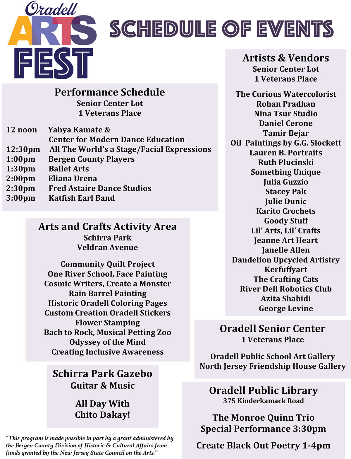 Oradell Arts Fest Schedule 2025